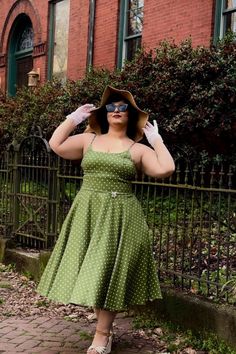 Swing and jive the night away in the Peggy full circle! This classic 1950s-inspired party dress is perfect for dressing up or dressing down. Our newest Peggy dress in olive green with cream polka-dots is definitely a dress you will get plenty of wear out of, not to mention the compliments. Pretend you’re Ginger Rogers and go out there and tear up that dance floor all you boppers and Lindy hoppers out there. This dress has POCKETS!!! PRODUCT DETAILS: Side pockets Easy to wear Back Zipper with hoo Plus Size Tea Party Outfit, Polka Dot Dress Vintage, Jumper And Skirt, Green Polka Dot Dress, Ginger Rogers, Circle Dress, Green Polka Dot, Jive, Cute Fit