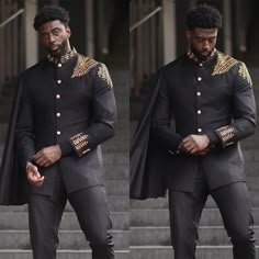 Men's Fashion Jacket Pant 2 Pieces with Detachable Cape Award Ceremony Formal | eBay Masquerade Men Outfit Casual, Men Black And Gold Suit, Royal Outfits For Men, Vest Fashion Men's, Suits With Capes For Men, Arabian Nights Men Outfit, Mens Wedding Suit With Cape, Suits With Capes, Suit With Cape Mens