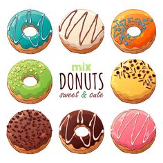 six doughnuts with different toppings and the words mix donuts sweet & cafe