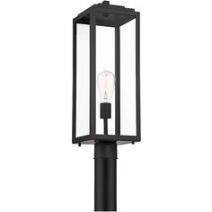 a black post light with a clear glass cover on the top and one light bulb at the end