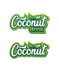 two green stickers with the words coconut drink and an image of leaves