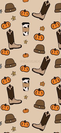 a pattern with boots, hats and pumpkins