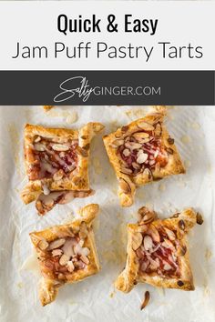 Baked jam puff pastry tarts with sliced almonds and lemon glaze. Date Slice, Puff Pastry Recipes Dessert, South African Desserts, Jam Making, Pastries Recipes Dessert