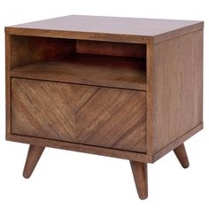 a wooden cabinet with two drawers on one side and an open drawer on the other