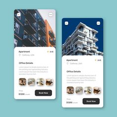 two app screens showing different types of apartment buildings and the same type of office details