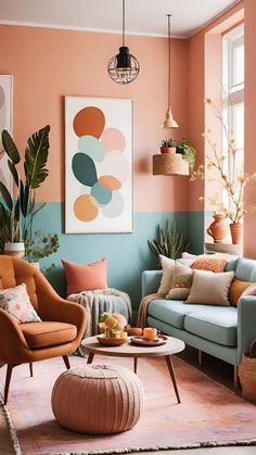 a living room filled with furniture and plants