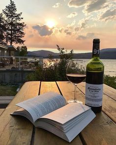 an open book and glass of wine sitting on a picnic table with the sun setting in the background