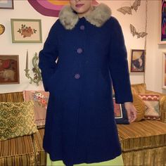 Blue Wool Coat, Penny Lane Coat, Penny Lane, Blue Wool, Fur Collar, Fur Collars, Fox Fur