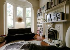 a living room filled with lots of furniture and bookshelves next to a fire place