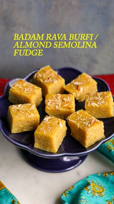 several pieces of cake on a plate with the words baadam avaa buri / almond semollina fudge