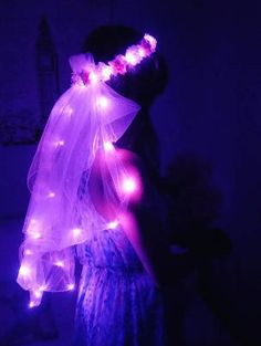 Purple Swirl and White Rose NightFlo w/ Light Up Veil for Light Purple And White Wedding Dress, Led Light Wedding Dress, Rave Party Aesthetic, Wedding Rp, Black And Purple Wedding Veil, Glow In The Dark Dress, Purple Lighting For Wedding, Veil For Wedding, Creepy Wedding