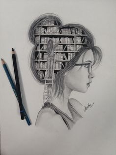 a pencil drawing of a girl with bookshelves on her head and eye glasses