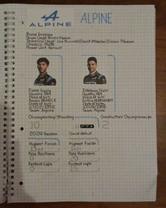 a spiral notebook with an image of two men in racing gear and the words alpine on it