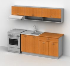 a kitchen with an oven, sink and cupboards on the wall next to each other