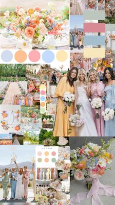 a collage of photos with different colors and flowers on them, including peachs, yellows, pinks, and blue