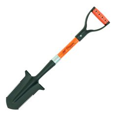 a black and orange garden tool on a white background