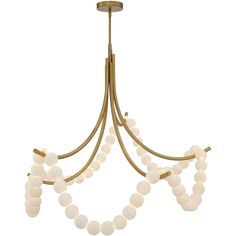 a chandelier with white glass beads hanging from it's golden metal frame