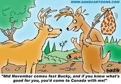 two deer are talking to each other in front of a tree and the caption reads,'mid november comes fast bucky, and if you know what's good for you'd come to canada with me