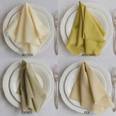 four different types of napkins on white plates