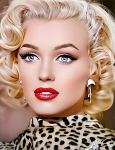 a woman with blonde hair and blue eyes is wearing leopard print dress, red lipstick and earrings