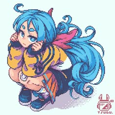 an anime character with blue hair sitting on the ground