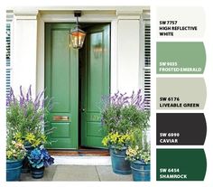 the color scheme is green, blue, and purple for this front door with potted plants