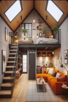 a living room filled with lots of furniture and stairs leading up to the top floor