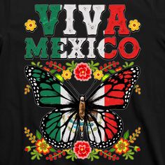 a black t - shirt with the colors of mexico and a butterfly on it's chest