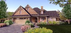 this is an artist's rendering of a house in the woods with trees and shrubs