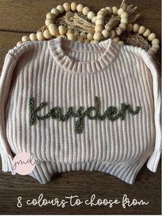 Whether you're looking for a thoughtful baby shower gift or a special outfit for your little one, our Personalized Baby Name Sweater is a wonderful choice. Available in a range of sizes and colors to suit every baby's style, it's not just a sweater--it's a personalized statement of love and joy and a perfect keepsake! Each sweater is skillfully hand embroidered with your baby's name, making it a cherished keepsake, a delightful way to announce their arrival or those monthly milestone photos watc Thoughtful Baby Shower Gifts, Embroidered Sweater, Personalized Embroidered, Baby Sweaters, Gender Neutral Baby, Baby Announcement, Personalized Baby, Kid Names, Baby Names