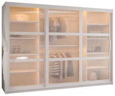 a large white cabinet with glass doors on both sides