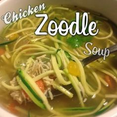 a bowl of zoodle soup with noodles and veggies