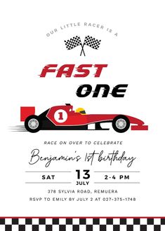 a race car birthday party card with the words fast one on it