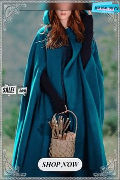 Long Hooded Loosen Plain Vintage Outerwear Casual Fall Outdoor Cape, Solid Hooded Cape For Fall, Winter Long Sleeve Solid Color Cape, Casual Solid Color Cape Outerwear, Casual Hooded Winter Cape, Green Cape Outerwear For Fall, Green Cape For Fall, Winter Outdoor Cape, Hooded Green Cape For Fall