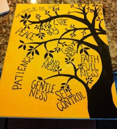 a yellow book with black writing on it and a tree in the middle that says faith, gentleness, control