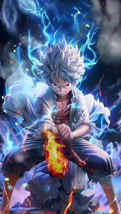 an anime character with white hair and blue eyes holding a flame in front of his chest