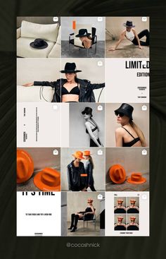 a collage of photos with an orange object in the middle and black hat on top