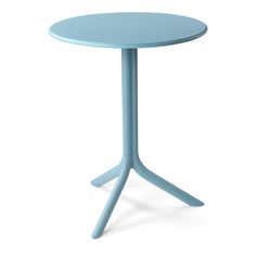 a small blue table with two legs on the bottom and one leg up against it