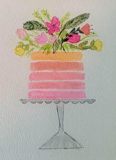 a drawing of a cake with flowers on top