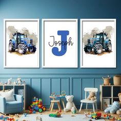 two children's wall art prints with the letters j and j on them in a child's room