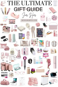 the ultimate gift guide for her from bed bath and beyond, with pink accessories on it