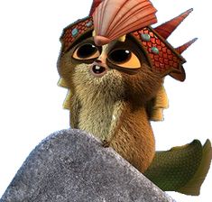 a cartoon character is sitting on top of a rock with a fish in his hair