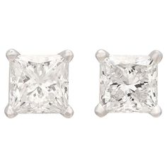 Perhaps the perfect pair of diamond stud earrings. This 18 karat white gold pair features near perfectly matched 1.01 carat and 1.02 carat GIA graded princess cut diamonds (E-G/VS2). Both diamonds deliver exceptional sparkle and fire, and are expertly set in 4-prong settings for maximum brilliance. The 18 karat earrings feature secure tension friction backs for easy use with maximum security. This pair is accompanied by GIA report #'s 2176828812 and 14599413. Dressed up or down, these are sure to become your favorite earrings! Princess Cut Diamonds, Princess Cut, Diamond Earrings Studs, Diamond Studs, Perfect Pair, Prong Setting, Jewelry Earrings Studs, Diamond Cuts, Sparkle