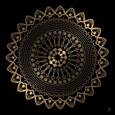 a golden circular design on black background with hearts and flowers in the center, as well as an ornamental ornament