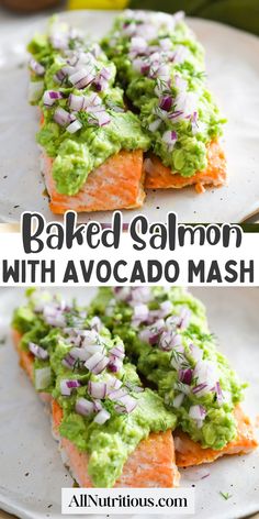 baked salmon with avocado mash on a white plate and in the background