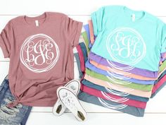 *Main Image: shirt has Vine Font with a Scribble Frame* Going to the lake, to the beach, or just running an errand? Our comfortable personalized bella canvas unisex tees are perfect for every occasion! You can dress them up or dress them down for the perfect outfit! All monograms and frames will be printed in white! MONOGRAM INSTRUCTIONS - Monogram initials should be given in first, last, middle order. Example: Harper Paisley Whitman would be HWP We will not rearrange the order of your monogram. Vine Font, Monogram Shirts, Just Run, Swing Set, Shirt Short Sleeve, Photo Styling, Monogram Initials, Color Choices, Perfect Outfit