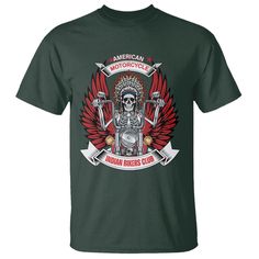 an american motorcycle t - shirt with a skull on the front and wings around it