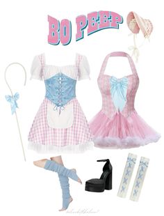 the costume is pink and white with blue details on it, including an apron, hat, cane, gloves, booties, and bowtie