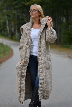 "Hand knitted pure merino wool cardigan. Seamless body and sleeves. 100% premium merino wool. The cardigan available for immediate dispatch is in size XL. Suggested measurements for cardigan made on request: Size M Length from shoulder 112cm / 44\" Width from pit to pit 46cm / 18\" Sleeve from underarm 51cm / 20\" Tneck unrolled 36cm / 14\" Size L Length from shoulder 112cm / 44\" Width from pit to pit 53cm / 21\" Sleeve from underarm 53cm / 21\" Tneck unrolled 36cm / 14\" Size XL Length from sh Collared Cardigan, Long Knit Cardigan, Merino Wool Cardigan, Chunky Wool, Chunky Cardigan, Chunky Knit Cardigan, Cardigan Outfits, Cardigan Long, Mohair Sweater