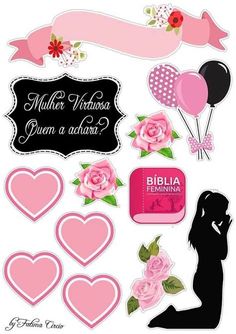 pink and black stickers with hearts, balloons, and flowers on them are in the shape of a woman's silhouette